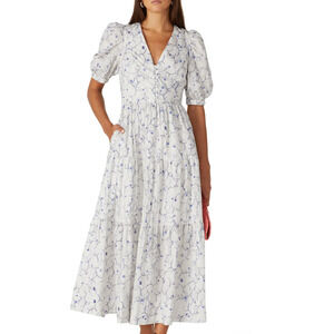 Nicholas White Floral Midi Dress SIZE 4 Cottage Cotton Prairie Tier Ruffle $600